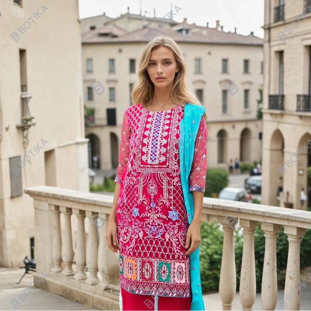 MariaB 3Piece Pink Punjabi Shalwar Kameez Suit hand stitched XL embroidered new